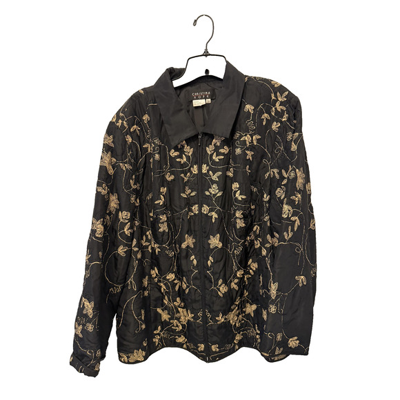 Christina Hope Jacket Womens 2X Black Silk Gold Floral Embroidered Quilted Coat - Picture 1 of 5